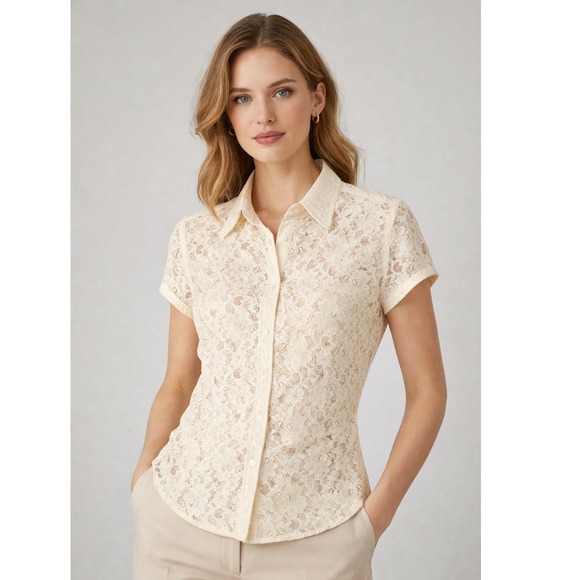 Cato Tops - Boho Lace Floral Button‎ Up Ivory Short Sleeve Collared Blouse Top Women's XL